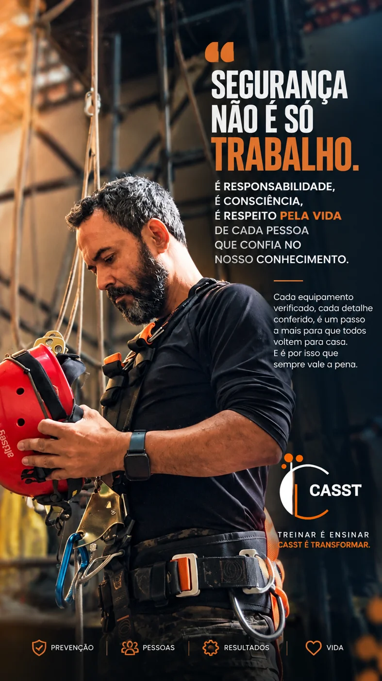 Diego Moraes segurando um capacete, em imagem institucional CASST sobre responsabilidade, consciência e respeito pela vida