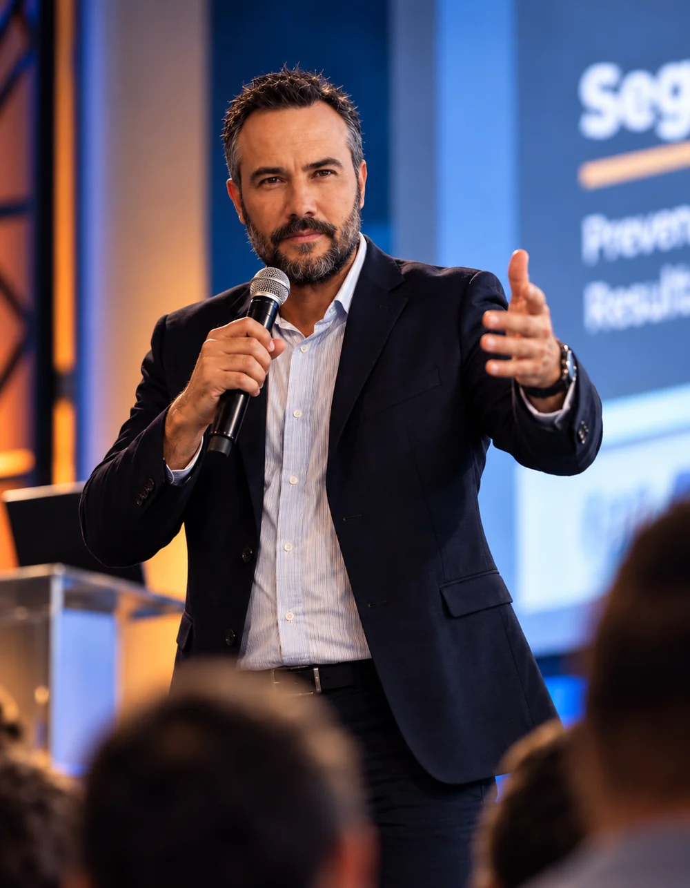 Diego Moraes, CEO da CASST, com microfone durante uma apresentação