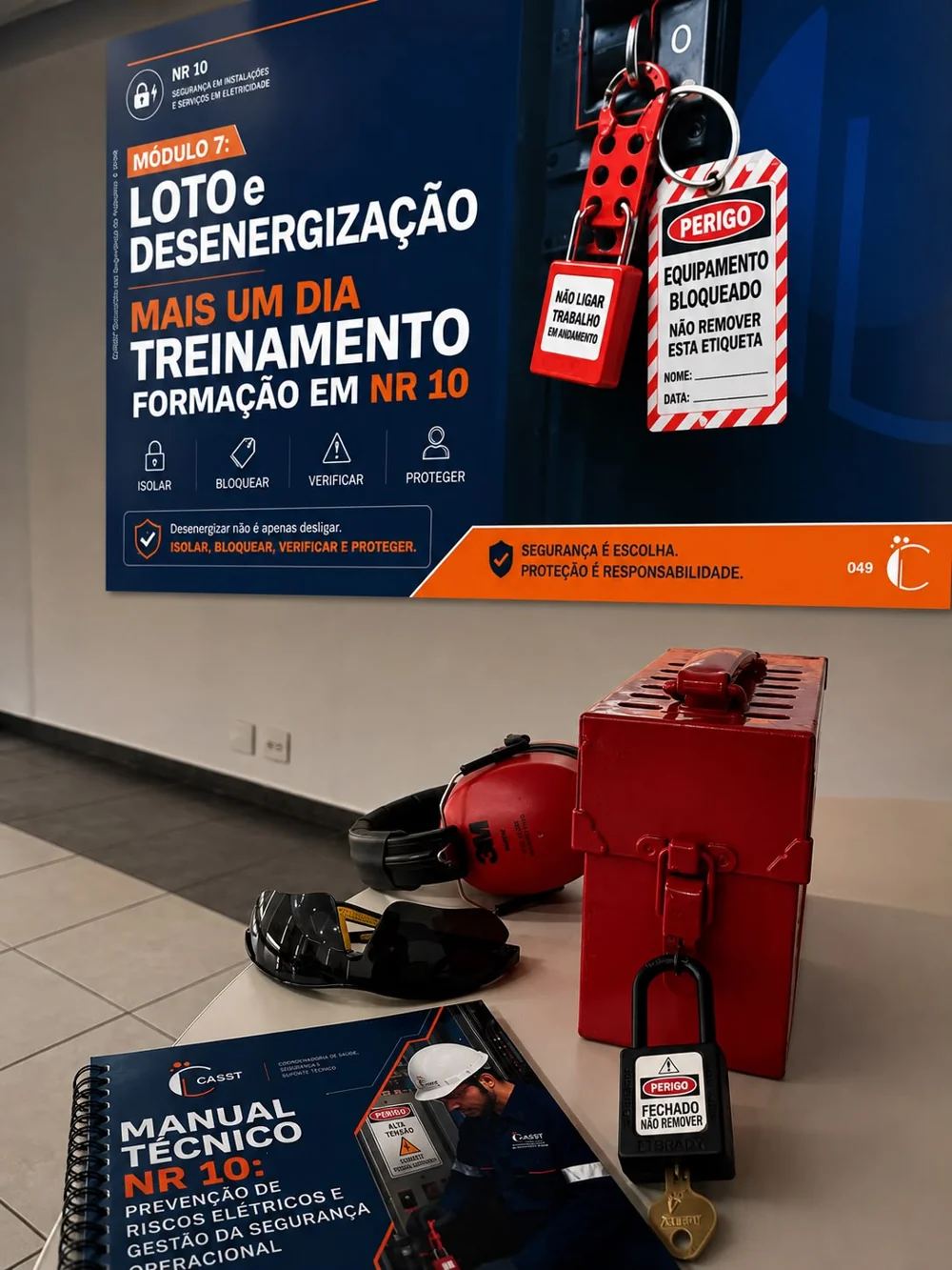 Treinamento CASST NR 10 com material didático e equipamentos de bloqueio e desenergização
